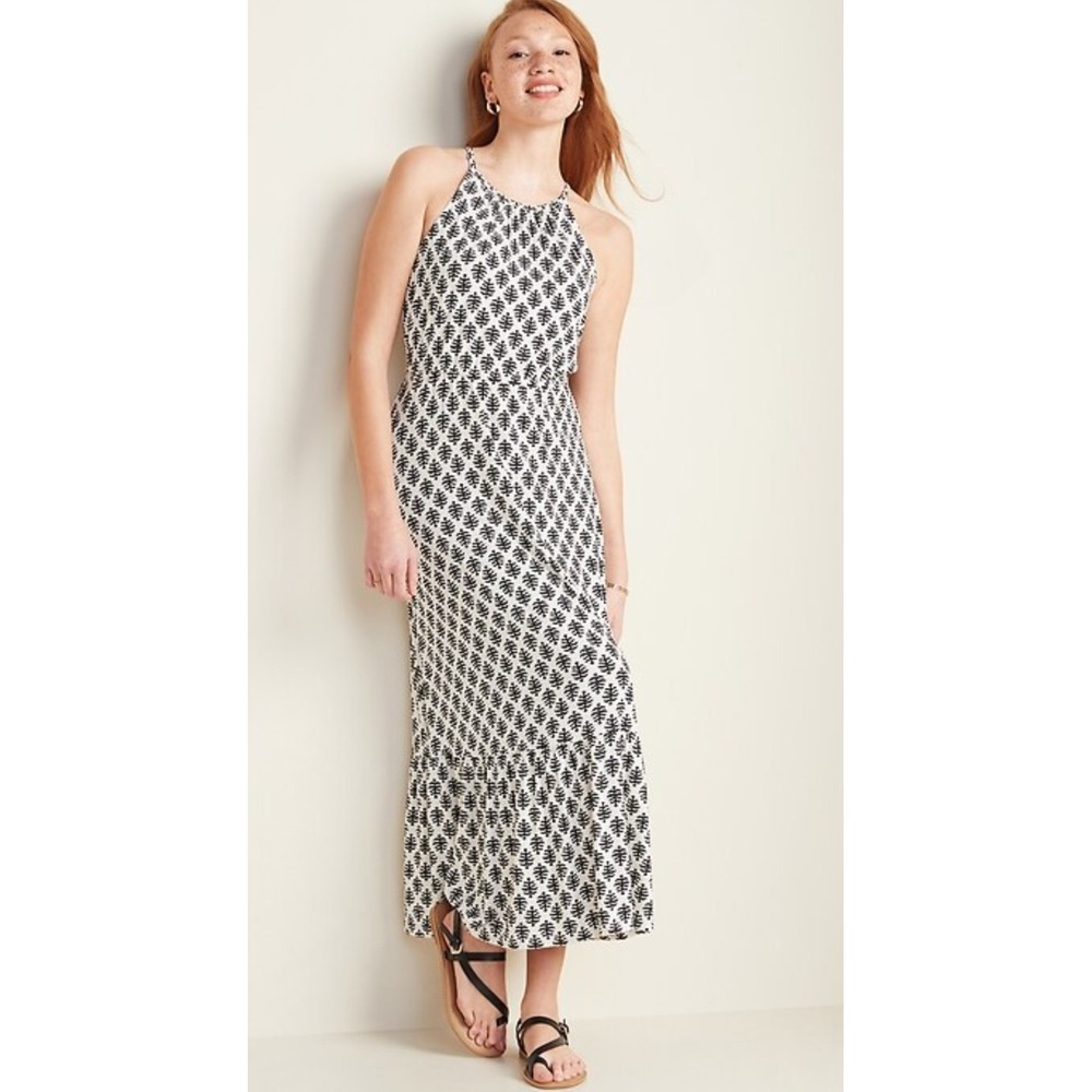 Old Navy Womens XLT White Black Fit & Flare AOP Tank Jersey-Knit Maxi Dress Y2K
